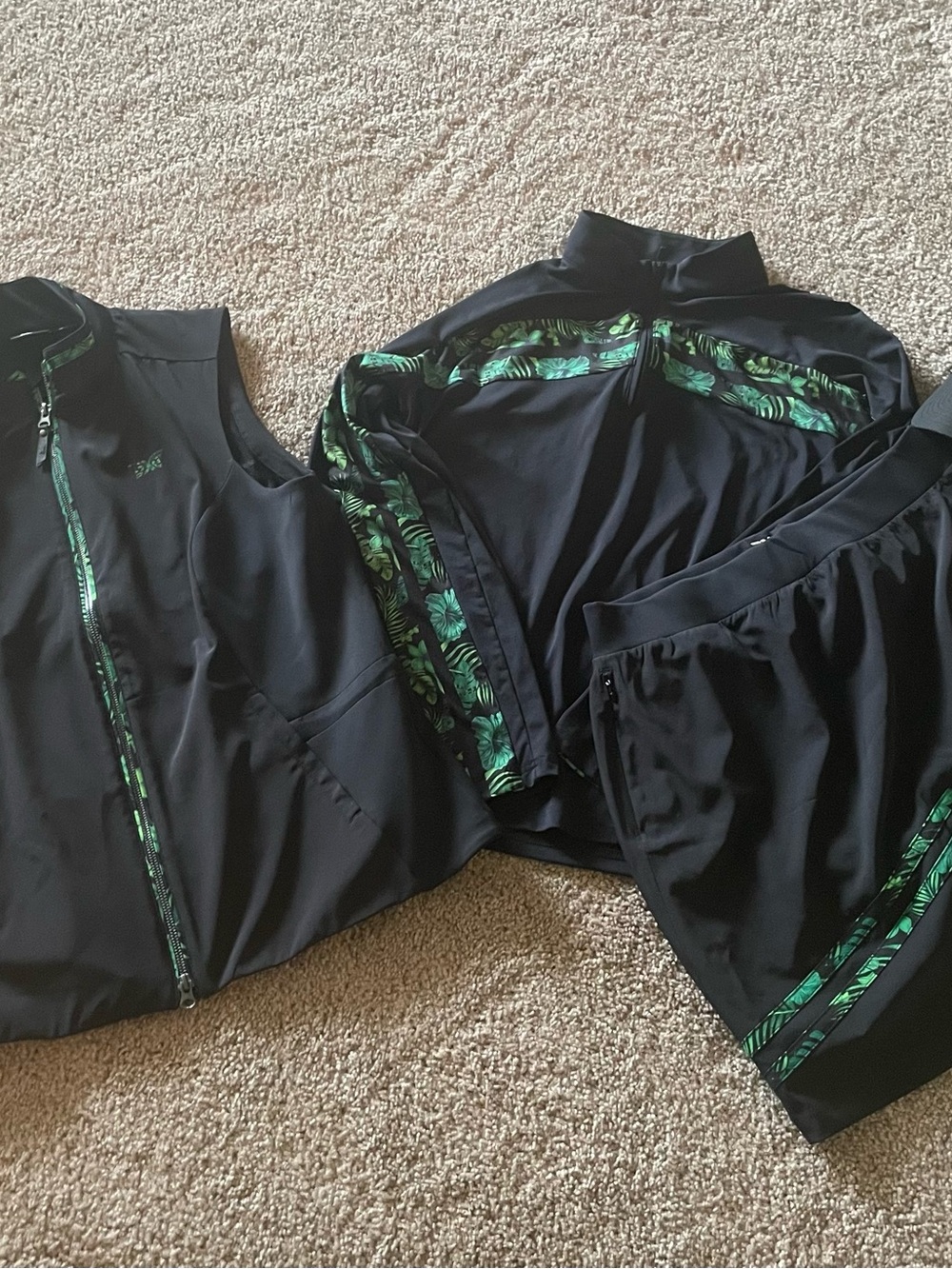 4 piece PXG Women's Black Vest with Green Trim and matching skort, jacket hat